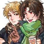  2boys atou_haruki black_jacket blonde_hair braid brown_footwear brown_hair brown_scarf checkered_clothes checkered_scarf chinese_commentary closed_mouth commentary_request cup father_and_son green_scarf harada_minoru highres holding holding_cup jacket lips long_sleeves male_focus multiple_boys nose one_eye_closed open_clothes open_jacket open_mouth parted_lips red_eyes saibou_shinkyoku scar scar_on_face scar_on_forehead scarf short_hair side_braid simple_background smile white_background xianyushenqiuyue 
