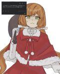  1girl anger_vein bow capelet closed_mouth dress fur-trimmed_capelet fur_trim gloves green_eyes hair_bow hand_up highres hiperika holding holding_sack ishmael_(project_moon) limbus_company long_hair looking_at_viewer low_twintails orange_hair project_moon red_capelet red_dress sack santa_costume simple_background solo twintails upper_body very_long_hair white_background white_bow white_gloves 