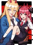 2girls absurdres black_necktie black_skirt black_vest black_wings blonde_hair blue_jacket blush carrying chainsaw_man collared_shirt commentary_request cookie_(touhou) cowboy_shot demon_girl demon_tail demon_wings full_body hair_between_eyes head_wings highres horns jacket koakuma long_bangs long_hair long_sleeves looking_at_viewer medium_bangs multiple_girls necktie open_mouth pointy_ears power_(chainsaw_man) princess_carry red_eyes red_hair red_horns red_necktie sharp_teeth shirt sidelocks skirt skirt_set smile sun_kajitsu tail teeth tongue tongue_out touhou vest white_shirt wings yuzuyu_(cookie) 