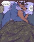 4:5 anthro antlers beastars bed brown_body brown_fur canid canine canis cuddling deer dialogue duo english_text eye_scar eyes_closed facial_scar fur furniture grey_body grey_fur hi_res horn interspecies legoshi_(beastars) louis_(beastars) male male/male mammal mistletoe on_bed plant scar shirtless speech_bubble spicedpopsicle text under_covers wolf