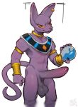 anthro balls beerus biped domestic_cat dragon_ball dragon_ball_super erection felid feline felis genitals hi_res humanoid_genitalia humanoid_penis male mammal meatshaq penis purple_body simple_background solo white_background