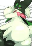 absurd_res ambiguous_gender anthro bed big_butt butt fangs fur furniture furry_funnychan generation_9_pokemon green_body green_fur hi_res huge_butt looking_at_viewer looking_back looking_back_at_viewer meowscarada nintendo on_bed open_mouth pink_eyes pokemon pokemon_(species) rear_view solo teeth thick_thighs wide_hips