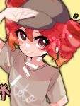  1girl arm_behind_back baseball_cap blurry blurry_foreground dormirchy drill_hair grey_shirt hat kasane_teto kasane_teto_(sv) looking_at_viewer outer_glow override_(synthesizer_v) print_shirt red_eyes red_hair salute shirt simple_background smile solo synthesizer_v twin_drills yellow_background 