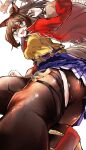  1girl absurdres animal_ears ass black_thighhighs blue_eyes blush breasts brown_hair cleavage commentary_request cowboy_shot domino_mask ear_ornament el_condor_pasa_(umamusume) fagrp12 hair_between_eyes highres horse_ears horse_girl horse_tail jacket knee_up large_breasts long_hair mask open_clothes open_jacket parted_lips pleated_skirt ponytail purple_skirt red_jacket simple_background skirt solo tail thighhighs umamusume white_background yellow_jacket 