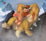 absurd_res anthro armpit_hair balls bodily_fluids body_hair bowser chest_hair cum cumshot ejaculation foreskin genital_fluids genitals half-erect hi_res horn hot_tub koopa lewdhank male mario_bros muscular muscular_male nintendo nude nude_male penis raised_arms scalie solo steam