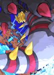  aomon_(yuuji7604) black_wings blue_sky commentary flying giratina giratina_(origin) highres multiple_wings no_humans pokemon pokemon_(creature) sky spikes tail water waterfall wings 