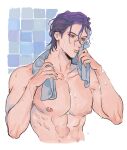  1boy abs blue_hair bunnyclvb dr._ratio_(honkai:_star_rail) honkai:_star_rail honkai_(series) male_focus muscular muscular_male nipples red_eyes short_hair solo toned toned_male towel upper_body wet white_background 