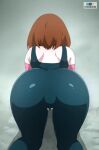  1girl all_fours artist_name ass ass_focus bent_over blurry blurry_background bodysuit boku_no_hero_academia brown_hair facing_away from_behind green_bodysuit highres multicolored_bodysuit multicolored_clothes on_ground short_hair tsuranukko uraraka_ochako watermark 