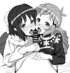  2girls black_hair blush cooperative_fellatio erection fellatio ffm_threesome greyscale group_sex hetero highres inai_uchi kohinata_miku licking licking_penis looking_at_viewer monochrome multiple_girls open_mouth oral penis senki_zesshou_symphogear short_hair tachibana_hibiki_(symphogear) threesome tongue 