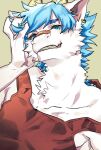  1boy animal_ears bandaid bandaid_on_face bandaid_on_nose blue_eyes blue_hair body_fur dragon_boy dragon_horns ear_piercing furry furry_male green_background grin hand_in_own_hair hand_on_own_head hand_up highres horns looking_at_viewer male_focus mokotalow11 original piercing red_tank_top sharp_teeth simple_background slit_pupils smile solo tank_top teeth upper_body white_fur 