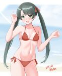  1girl ame-san beach bikini black_hair blue_sky breasts cloud dated day green_eyes highres horizon kantai_collection long_hair looking_at_viewer mikuma_(kancolle) ocean official_alternate_costume outdoors red_bikini side-tie_bikini_bottom sky small_breasts solo swimsuit twitter_username 