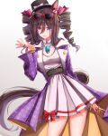  alternate_costume alternate_hairstyle anikinoihai893 animal_ears cosplay drill_hair eyewear_on_head hair_between_eyes hair_ornament hat highres horse_ears horse_girl horse_tail jewelry medium_hair necklace purple_eyes ring seeking_the_pearl_(umamusume) simple_background smile sunglasses tail touhou twin_drills umamusume white_background yorigami_jo&#039;on 