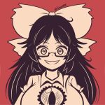  1girl ascot black_hair bow breasts glasses hair_bow highres long_hair monochrome puffy_short_sleeves puffy_sleeves rectangular_eyewear red_background reiuji_utsuho seireiart shirt short_sleeves simple_background smile solo third_eye touhou white_bow white_shirt 