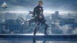  1boy artist_request blonde_hair building cityscape cloud cloudy_sky coat company_name copyright_notice cyborg full_body ganglati_(girls&#039;_frontline) girls&#039;_frontline green_coat hair_between_eyes highres long_sleeves looking_at_viewer male_focus mechanical_parts metal_jaw navel nyto_(girls&#039;_frontline) official_art outdoors outstretched_hand paradeus prosthesis prosthetic_arm prosthetic_leg rooftop second-party_source short_hair sky smile solo standing torn_clothes torn_coat 