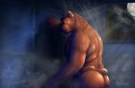 absurd_res anthro bear benny_(thebennyburr) berngruff butt hi_res light male mammal moon moonlight neutral_expression night nude pensive short_tail shower solo steam tail thoughtful tile tile_wall wall_(structure) water wet window
