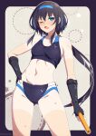  1girl ;o absurdres artist_name ass_visible_through_thighs barre baton black_gloves black_hair blue_eyes blue_hair blue_hairband blush border breasts brown_background closed_mouth collarbone cowboy_shot elbow_gloves gloves hairband hand_on_own_hip highres long_hair looking_at_viewer low_ponytail multicolored_hair navel one-piece_tan one_eye_closed open_mouth original outside_border purple_border sebunsu small_breasts solo star_(symbol) stomach streaked_hair tan tanlines track_uniform twitter_username two-tone_hair very_long_hair 