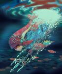 1girl arm_fins colored_skin diving fins fish fish_girl googerm head_fins headpiece highres mipha multicolored_skin polearm red_skin slit_pupils solo the_legend_of_zelda the_legend_of_zelda:_breath_of_the_wild toga trident two-tone_skin underwater weapon white_skin yellow_eyes zora 