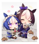  2girls aged_down animal_ears artist_name bag blue_hair bow braid brown_hair cesario_(umamusume) chibi coat commentary_request crown_braid ear_bow ear_ornament food french_braid hair_between_eyes holding holding_bag holding_hands hood hooded_coat horse_ears horse_girl horse_tail jitome light_brown_hair mittens multicolored_hair multiple_girls no_mouth notice_lines outside_border paper_bag pink_mittens purple_bow purple_eyes purple_mittens purple_skirt purple_thighhighs scarf school_uniform shadow short_hair signature skirt special_week_(umamusume) tail tail_wagging taiyaki thighhighs tracen_school_uniform two-tone_hair umamusume wagashi walking white_scarf winter_clothes winter_coat winter_uniform zest_(lossol) 
