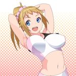  :d armpits arms_behind_head bad_id bad_pixiv_id bike_shorts blue_eyes bouncing_breasts breasts brown_hair gundam gundam_build_fighters gundam_build_fighters_try hoshino_fumina impossible_clothes large_breasts looking_at_viewer midriff navel open_mouth pink_scrunchie ponytail samonegi scrunchie smile solo sports_bra 
