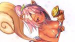  ass bikini blush breasts brown_gloves bug butterfly dark_skin donguru from_above gloves highres insect large_breasts long_hair looking_at_viewer maplestory maplestory_2 mouth_hold pink_hair ponytail red_eyes smile solo squirrel_tail swimsuit tail untied untied_bikini white_bikini 