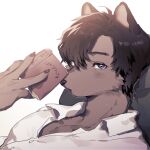  1boy ahoge animal_ears bishounen blue_eyes body_fur book brown_fur brown_hair center_opening claws collared_shirt dog_boy dog_ears furry furry_male hand_up highres holding holding_book looking_at_viewer lying male_focus mokotalow11 on_back original parted_lips pillow shirt short_hair simple_background solo upper_body white_background white_shirt 