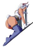  1girl all_fours animal_ears artist_logo ass ass_focus automatic_giraffe bare_arms bare_shoulders boku_no_hero_academia dark_skin dutch_angle english_commentary feet full_body gloves highres long_hair looking_at_viewer looking_back mirko on_ground rabbit_ears rabbit_tail red_eyes shadow shoulder_blades simple_background skindentation smile solo tail thighhighs very_long_hair white_background white_gloves white_hair 