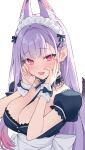  1girl :d animal_ear_fluff animal_ears blush breasts earrings extra_ears fang fox_ears fox_girl hand_on_own_cheek hand_on_own_face indie_virtual_youtuber jewelry kamishiro_natsume kitsune large_breasts long_hair looking_at_viewer maid maid_headdress multicolored_hair nail_polish open_mouth puffy_short_sleeves puffy_sleeves purple_hair red_eyes short_sleeves simple_background smile solo streaked_hair teti upper_body virtual_youtuber white_background wrist_cuffs 
