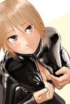  bad_id bad_pixiv_id bodysuit breasts brown_eyes brown_hair center_opening cleavage commentary_request eyebrows_visible_through_hair highres kilye_4421 latex looking_up medium_breasts original shiny shiny_clothes short_hair simple_background smile 