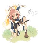  1girl animal apron blue_dress brown_eyes brown_footwear brown_hair cowlick dress fire_emblem fire_emblem_heroes full_body gloves grass hand_on_ground highres looking_at_viewer on_grass on_one_knee open_mouth ratatoskr_(fire_emblem) squirrel squirrel_girl squirrel_tail sweatdrop tail tugo white_apron white_gloves 