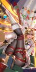  1girl antlers black_pantyhose blonde_hair blue_eyes blurry blurry_background boots breasts christmas elbow_gloves fur-trimmed_boots fur-trimmed_gloves fur_trim gloves high_heel_boots high_heels highres horns liang_xing lips long_hair looking_at_viewer mechanical_wings medium_breasts mercy_(overwatch) overwatch pantyhose reindeer_antlers ribbon sideboob solo spread_wings white_gloves wings yellow_wings 