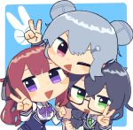  3girls black_hair black_ribbon blazer blue_background blue_jacket border bow bowtie cevio chibi collared_shirt crossed_bangs double_bun glasses green_eyes green_necktie grey_hair hair_bun hair_ornament hair_ribbon hairclip hanakuma_chifuyu hand_up head_on_head head_rest highres jacket koharu_rikka konohoshi long_hair looking_at_viewer low_twintails multiple_girls natsuki_karin necktie one_eye_closed open_clothes open_jacket open_mouth outside_border partially_unbuttoned pink_eyes purple_bow purple_bowtie purple_eyes red_hair ribbon school_uniform shirt simple_background smile synthesizer_v triangle_mouth twintails v v-shaped_eyebrows white_border white_shirt 