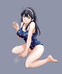  black_hair blue_swimsuit breasts character_name cleavage grey_background headband highres kantai_collection kneeling large_breasts long_hair looking_at_viewer one-piece_swimsuit polka_dot polka_dot_swimsuit simple_background solo sozan swimsuit ushio_(kantai_collection) 