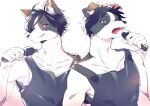  2boys animal_ear_fluff animal_ears bishounen black_fur black_hair black_tank_top body_fur claws dog_boy dog_ears furry furry_male green_eyes grin hand_up highres holding holding_microphone looking_at_viewer male_focus microphone mokotalow11 multiple_boys open_mouth original purple_eyes sharp_teeth short_hair siblings simple_background smile solo tank_top teeth twins upper_body white_background white_fur 