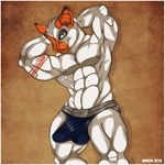  2012 aaron_(artist) abs anthro bat biceps biped blue_bottomwear blue_clothing blue_underwear border brown_background bulge clothed clothing digital_media_(artwork) erection erection_under_clothes front_view fur green_eyes half-closed_eyes hands_behind_head head_tuft hi_res jockstrap looking_at_viewer male mammal multicolored_fur muscular muscular_male nipples orange_fur orange_nose pecs penis_outline pepsi_(fa) pink_nipples portrait quads signature silas_fulse simple_background smile solo standing tattoo tenting textured_background three-quarter_portrait topless two_tone_fur underwear white_border white_fur 