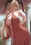  1girl absurdres bare_shoulders blonde_hair breasts closed_mouth colored_skin commentary english_commentary facial_mark fate/grand_order fate_(series) hair_over_one_eye highres horns kakeku large_breasts long_hair nero_claudius_(fate) queen_draco_(fate) queen_draco_(third_ascension)_(fate) red_skin smile solo 