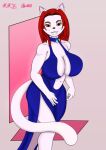 big_breasts big_butt blue_clothing blue_dress breasts butt choker clothing crimson_hair crimson_paws curvy_figure dress felid feline female fur fur_markings herm intersex jewelry mammal markings mature_female nan_nan_yakamoto_(artist) necklace original_character_do_not_steal shoulder_length_hair solo wide_hips yellow_eyes