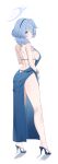  1girl absurdres ako_(blue_archive) ako_(dress)_(blue_archive) ass back backless_dress backless_outfit blue_archive blue_hair breasts dongye1551 dress from_behind halo high_heels highres large_breasts looking_at_viewer sideboob simple_background solo standing thighs white_background 
