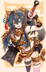  1girl absurdres alternate_costume animal_ears animal_print arm_up armpits bare_shoulders black_choker blue_hair bonkareohagi breasts brown_hair choker cleavage clothing_request club_(weapon) colored_inner_hair commentary_request cowboy_shot daitaku_helios_(umamusume) ear_covers ear_piercing egasumi hair_ornament hairclip highres holding holding_club holding_weapon horse_ears horse_girl horse_tail large_breasts long_hair looking_at_viewer multicolored_hair navel open_clothes open_mouth piercing scarf smile solo spiked_club streaked_hair tail teeth textless_version thigh_strap tiger_print umamusume upper_teeth_only weapon yellow_eyes 
