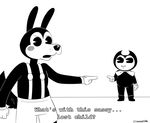  ... ? angry anthro bendy bendy_and_the_ink_machine black_and_white blush boris bow canine close-up clothed clothing crossover cute demon dialogue english_text footwear fur gloves humor kururunt long_ears male mammal meme monochrome nude one_punch_man open_mouth overalls pointing question shoes simple_background standing teeth text video_games white_background wolf 