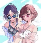  2girls ahoge ai0_pr asakura_toru bare_shoulders bikini black_bikini blue_eyes blue_hair blue_jacket blue_sky breasts brown_hair cloud collarbone dot_nose earrings floral_print flower_earrings gradient_hair hair_ornament hairclip hand_on_another&#039;s_shoulder highres higuchi_madoka idolmaster idolmaster_shiny_colors jacket jewelry lens_flare long_sleeves looking_at_viewer medium_breasts mole mole_under_eye multicolored_hair multiple_girls necklace off_shoulder open_clothes open_jacket open_mouth parted_bangs parted_lips print_bikini purple_eyes see-through see-through_jacket short_hair sky sunglasses swept_bangs swimsuit upper_body white_bikini 