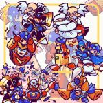  1girl 6+boys bass_(mega_man) beard blonde_hair blue_eyes blunt_bangs broom closed_mouth cosplay crash_man dr._light_(mega_man) dr._wily_(mega_man) dress eddie_(mega_man) facial_hair green_ribbon grey_hair hair_ribbon heat_man highres holding holding_broom humanoid_robot laser-lance mega_man_(character) mega_man_(classic) mega_man_(series) metal_man multiple_boys mustache open_mouth proto_man quick_man red_dress red_eyes red_footwear ribbon robot roll_(mega_man) rush_(mega_man) ryu_(street_fighter) ryu_(street_fighter)_(cosplay) scarf short_ponytail street_fighter sweatdrop white_hair yellow_scarf 