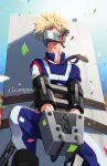  1boy against_pillar against_wall angry artist_name bakugou_katsuki blonde_hair blue_track_suit blurry blurry_background boku_no_hero_academia bound bound_arms bound_wrists chain chained commentary confetti covered_face covered_mouth cowboy_shot day floating_neckwear gearous high_collar highres immobilization jacket jewelry knee_up light long_neck looking_at_viewer male_focus mask medal mouth_mask multiple_boys object_request outdoors pants pendant red_eyes restrained sanpaku short_hair sidelighting solo spiked_hair spoilers stationary_restraints strap sunlight track_jacket track_pants track_suit turning_head u.a._gym_uniform v_arms veins 