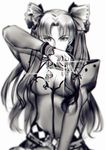  breasts cleavage collarbone earrings eyebrows_visible_through_hair fate/grand_order fate_(series) formalcraft greyscale holding jewelry long_hair looking_at_viewer medium_breasts monochrome simple_background solo standing toosaka_rin upper_body very_long_hair white_background yaoshi_jun 