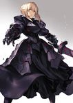  armor artoria_pendragon_(all) blonde_hair braid commentary_request dark_excalibur fate/stay_night fate_(series) faulds french_braid gauntlets gradient gradient_background grey_background highres holding holding_sword holding_weapon karlwolf legs_apart parted_lips saber_alter sidelocks solo standing sword weapon yellow_eyes 
