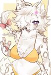 &lt;3 absurd_res accessory anthro artist_name belly bikini bow_ribbon braided_hair breasts brown_markings chest_tuft cleavage clothed clothing eyelashes felid female fingers fluffy fluffy_tail fur hair hair_accessory hair_bow hair_ribbon hairpin heart_accessory hi_res hip_tuft inner_ear_fluff leopard_spots looking_at_viewer mammal markings navel neck_tuft open_mouth pantherine pawpads pink_ribbon portrait purple_eyes ribbons short_snout simple_background snow_leopard solo spots sue36v swimwear tail teeth text three-quarter_portrait tuft white_body white_fur yellow_clothing yellow_swimwear