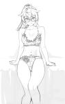  1girl absurdres arm_support bra breasts collarbone glasses highres hongdou_00 leaning_back light_smile lingerie looking_at_viewer medium_hair messy_hair mole mole_under_mouth monochrome navel on_bed original panties semi-rimless_eyewear sitting solo underwear underwear_only 