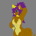  2017 anthro blue_eyes breasts brown_fur canine collar crown digital_media_(artwork) female fur hair hi_res koda-na-canine mammal purple_hair pussy simple_background solo wolf 