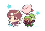  2boys blue_coat blue_eyes blue_outline blush_stickers bottle brown_hair castlevania_(series) chibi coat dark-skinned_male dark_skin headband holding holding_bottle holy_water inkling inkling_boy kirby kirby_(series) kotorai male_focus mask multiple_boys no_nose open_mouth outline purple_eyes richter_belmont short_hair signature skull_print splatoon_(series) star_(symbol) super_smash_bros. tentacle_hair torn_clothes torn_sleeves white_background white_headband 