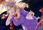  1girl blonde_hair bow breasts dress gap_(touhou) hair_bow highres looking_at_viewer mirufui multiple_hair_bows night purple_dress purple_nails red_bow short_sleeves solo torii touhou white_headwear yakumo_yukari 