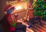 anthro arf_(character) argonchann avian beverage bird candy canid canine canis chocolate christmas christmas_clothing christmas_decorations christmas_headwear christmas_lights christmas_present christmas_tree clothing dessert duo fireplace food fox gift hat headgear headwear holidays hot_chocolate male mammal nintendo nintendo_switch oscine passerine plant rasco rocket_league santa_hat sparrow star_wars sweater the_mandalorian topwear tree